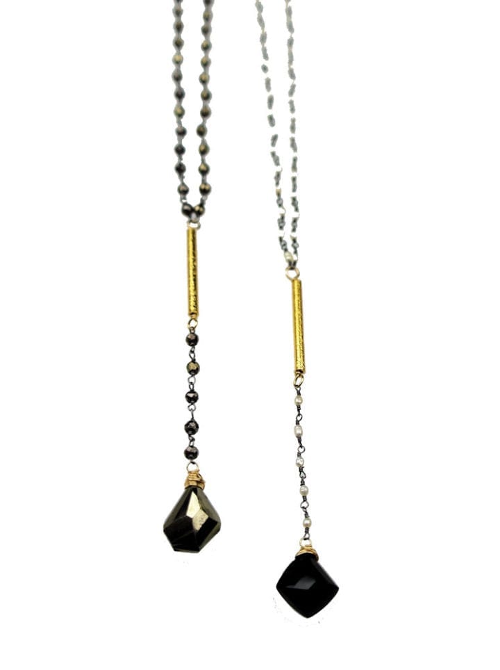 Pyrite and Black Onyx Unusual Cut Rosary Y Necklace