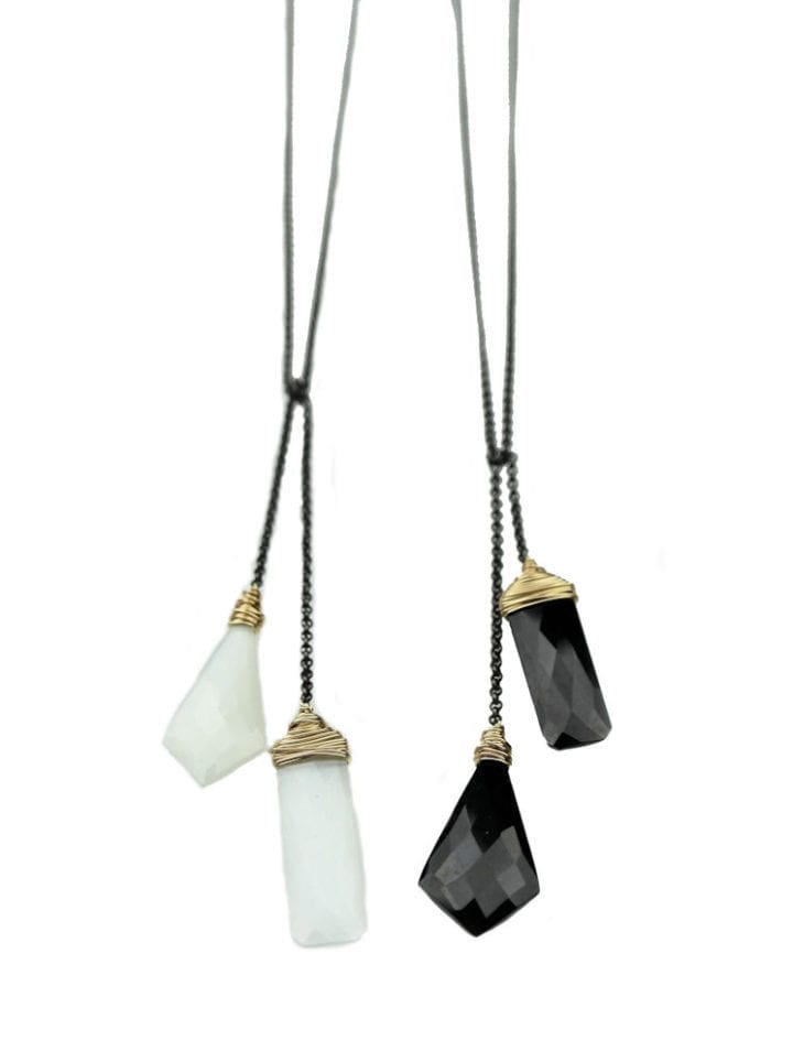 Black Onyx and White Moonstone Unusual Cut Lariat Necklace