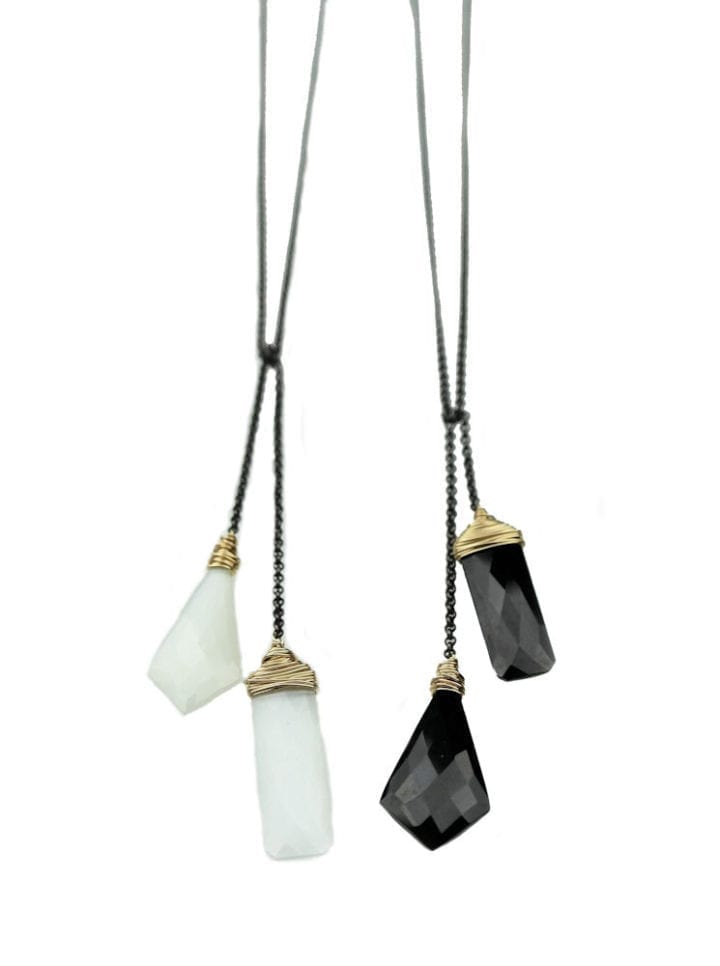 Black Onyx and White Moonstone Unusual Cut Lariat Necklace