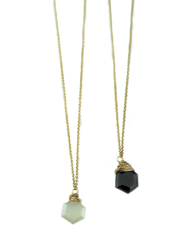 White Moonstone and Black Spinel Hexagon Delicate Necklace
