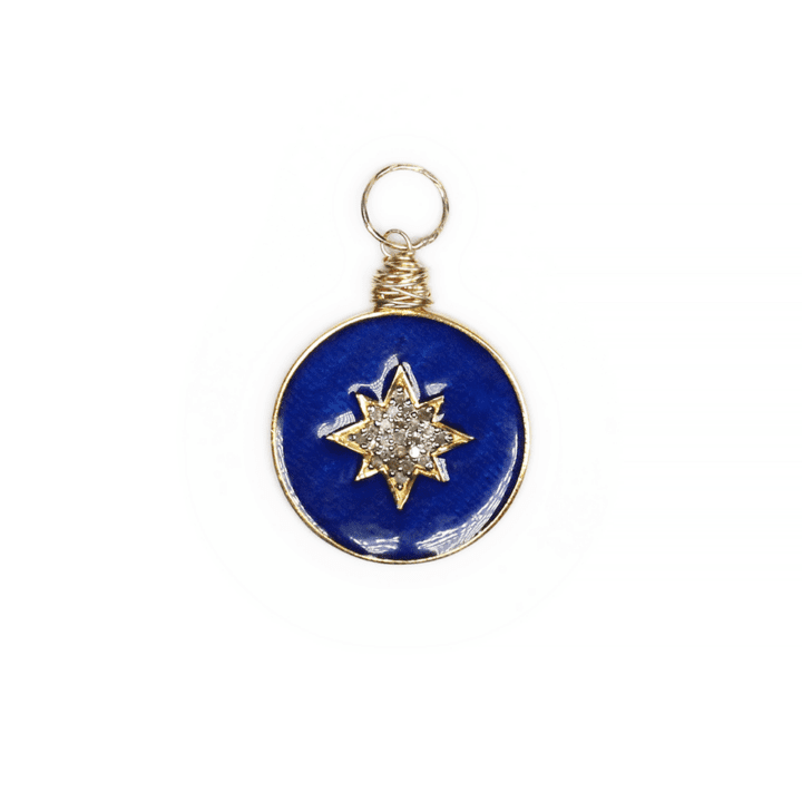 Navy Oxidized Silver & Gold Enamel Pave Diamond North Star Coin Charm | Bloom Jewelry Blue Star Charm Necklace