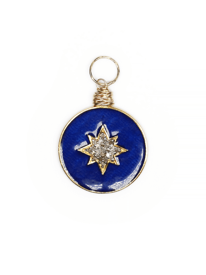 Navy Oxidized Silver & Gold Enamel Pave Diamond North Star Coin Charm | Bloom Jewelry Blue Star Charm Necklace