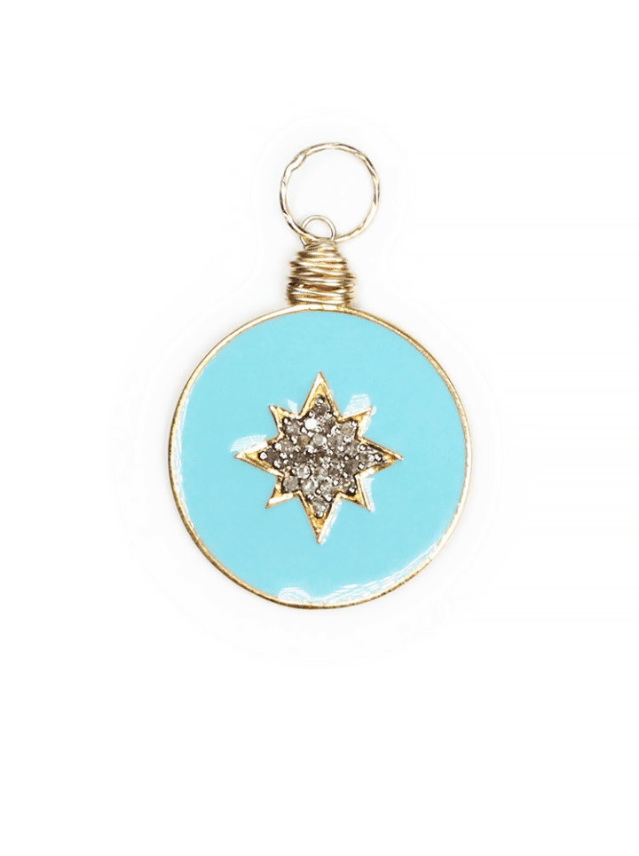 Turquoise Oxidized Silver & Gold Enamel Pave Diamond North Star Coin Charm | Bloom Jewelry Blue Star Charm Necklace