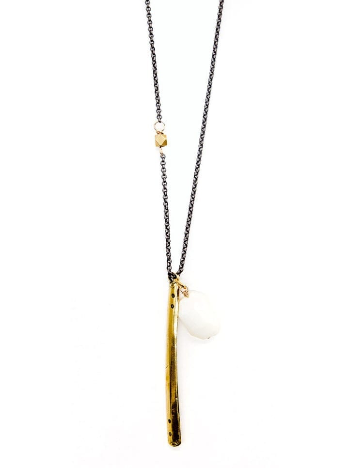 White Opal Antique Brass Bar Necklace