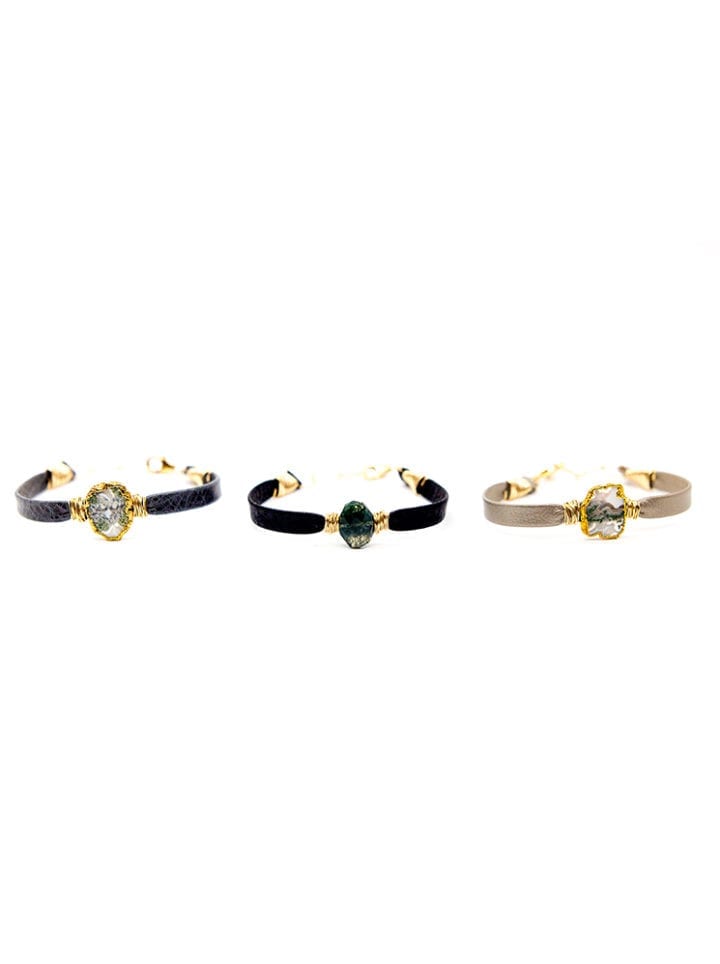Moss Agate Leather Wrapped Bracelet