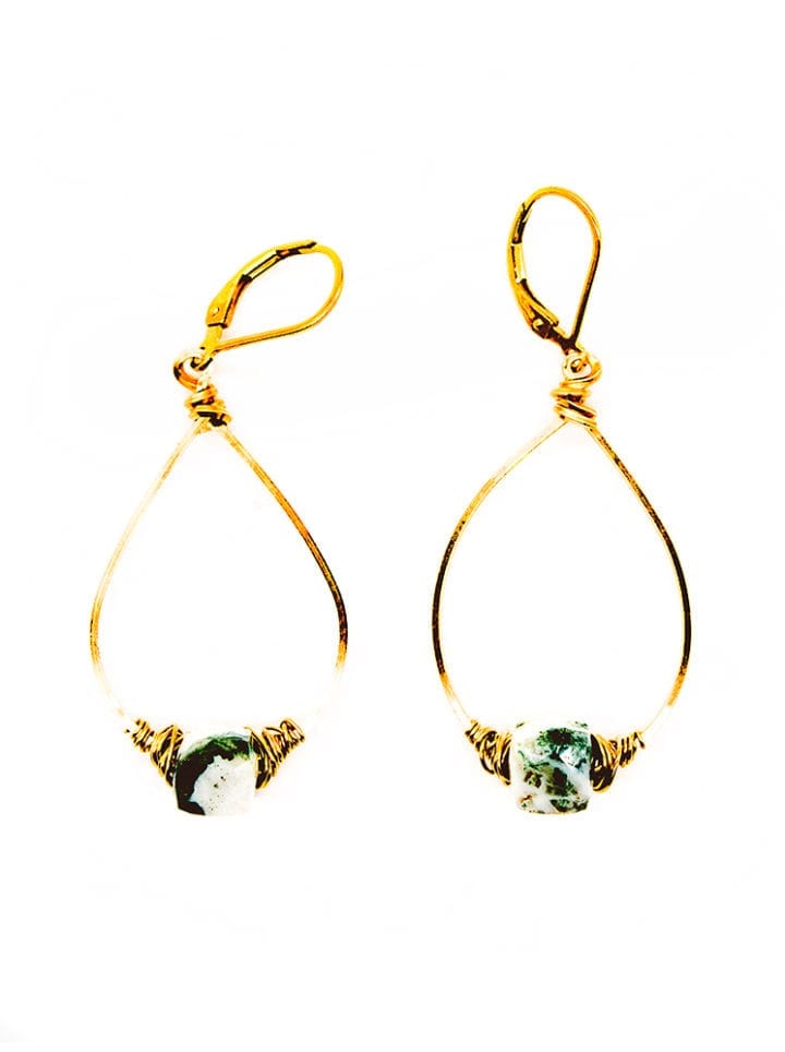 Moss Agate Cube Small Wrapped Hoops