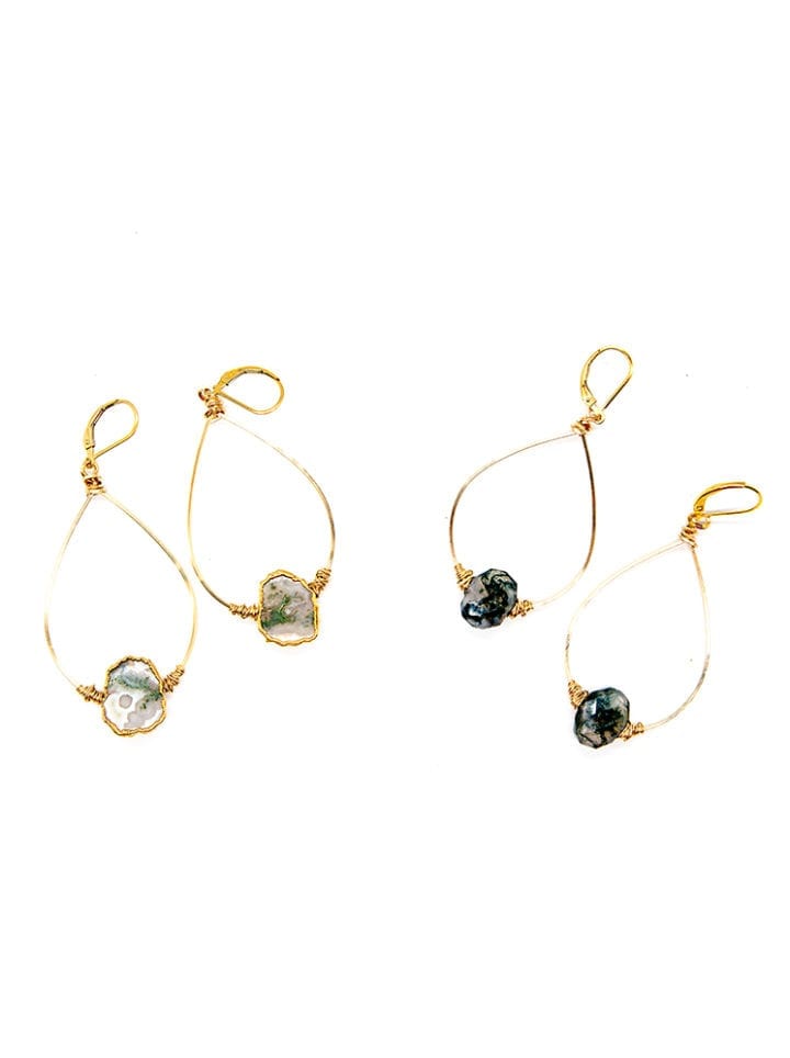 Moss Agate Freeform Wrapped Hoops
