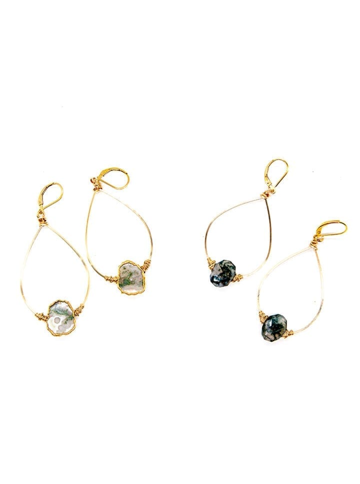 Moss Agate Freeform Wrapped Hoops
