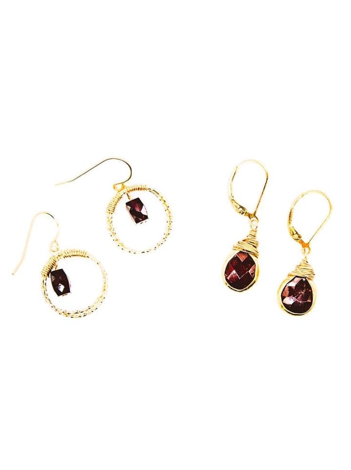 garnet halo hoop, garnet tear drop earrings