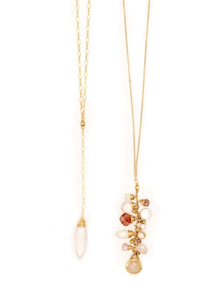 Rose quartz filigree midi y necklace cluster long necklace
