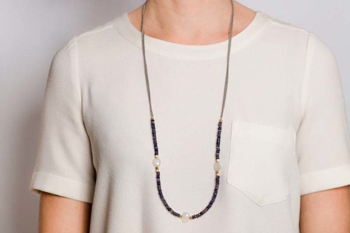 iolite and pearl chalcedony pattern strung long necklace