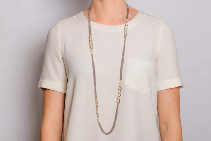 pearl chalcedony mixed chain long necklace on model