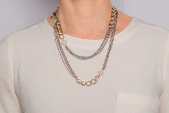 pearl chalcedony mixed chain long necklace on model short