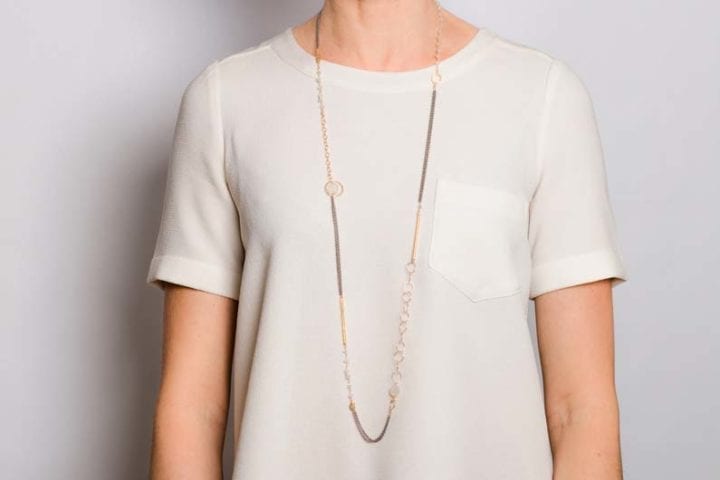 pearl chalcedony tl mixed chain long necklace on model long