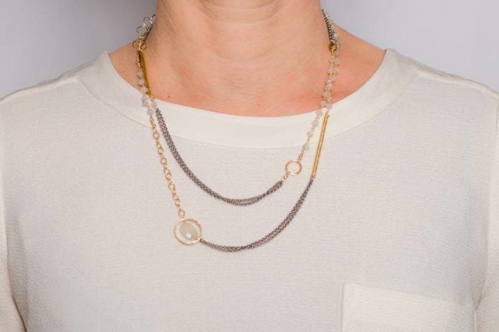 pearl chalcedony tl mixed chain long necklace on model short