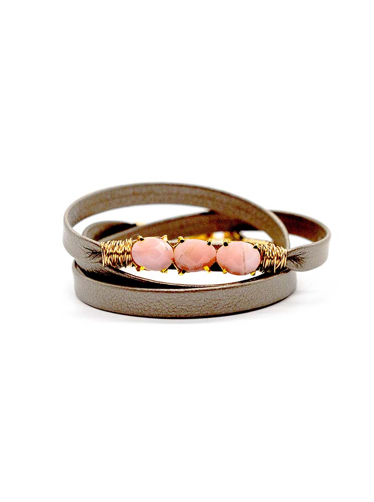 Pink Opal Triple Wrap Leather Bracelet