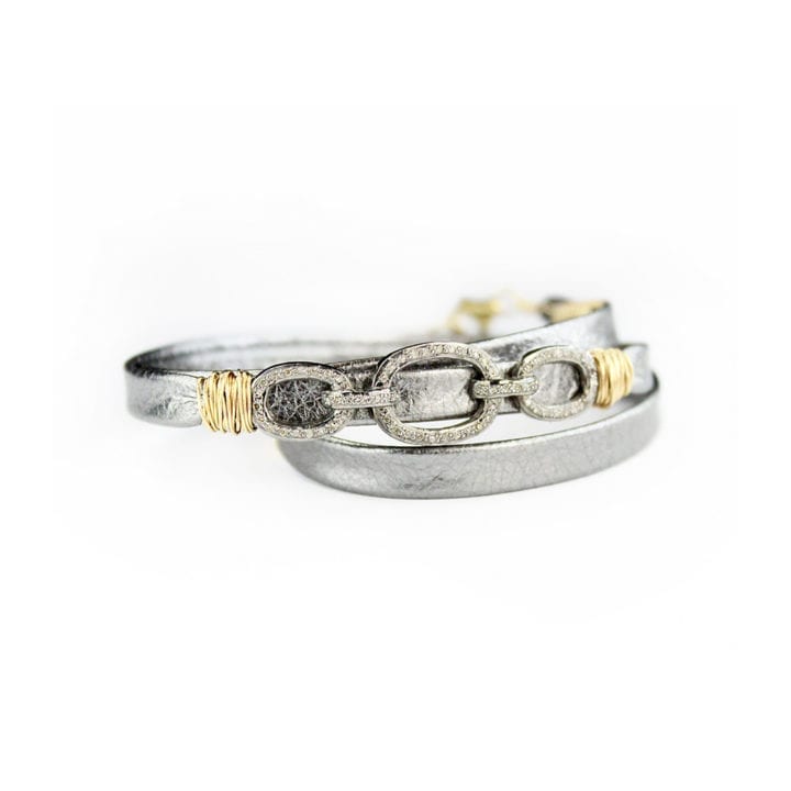 Pave Diamond Chain Link Leather Triple Wrap Bracelet