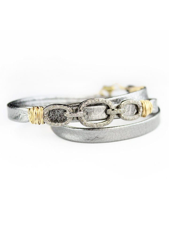 Pave Diamond Chain Link Leather Triple Wrap Bracelet