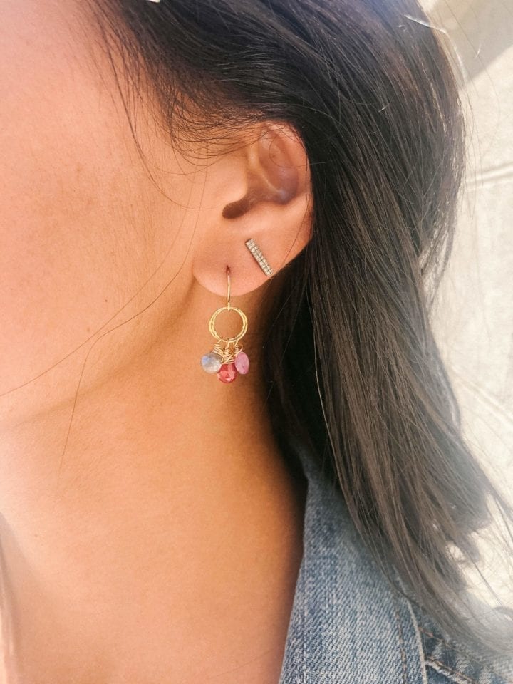 Ruby, Pearl Chalcedony & Pink Tourmaline Mini Stardust Charm Hoops - Image 2