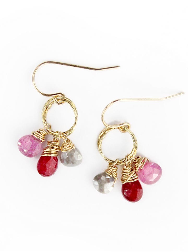 Ruby, Pearl Chalcedony & Pink Tourmaline Mini Stardust Charm Hoops