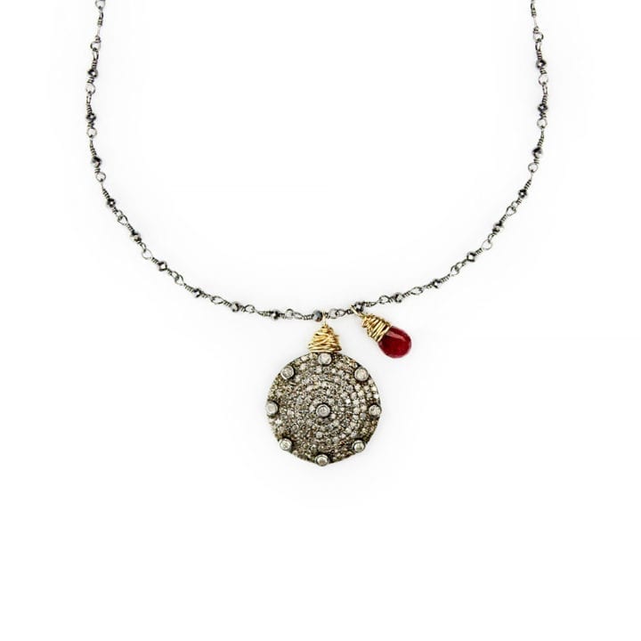Pave Diamond Coin, Ruby & Rosary Necklace