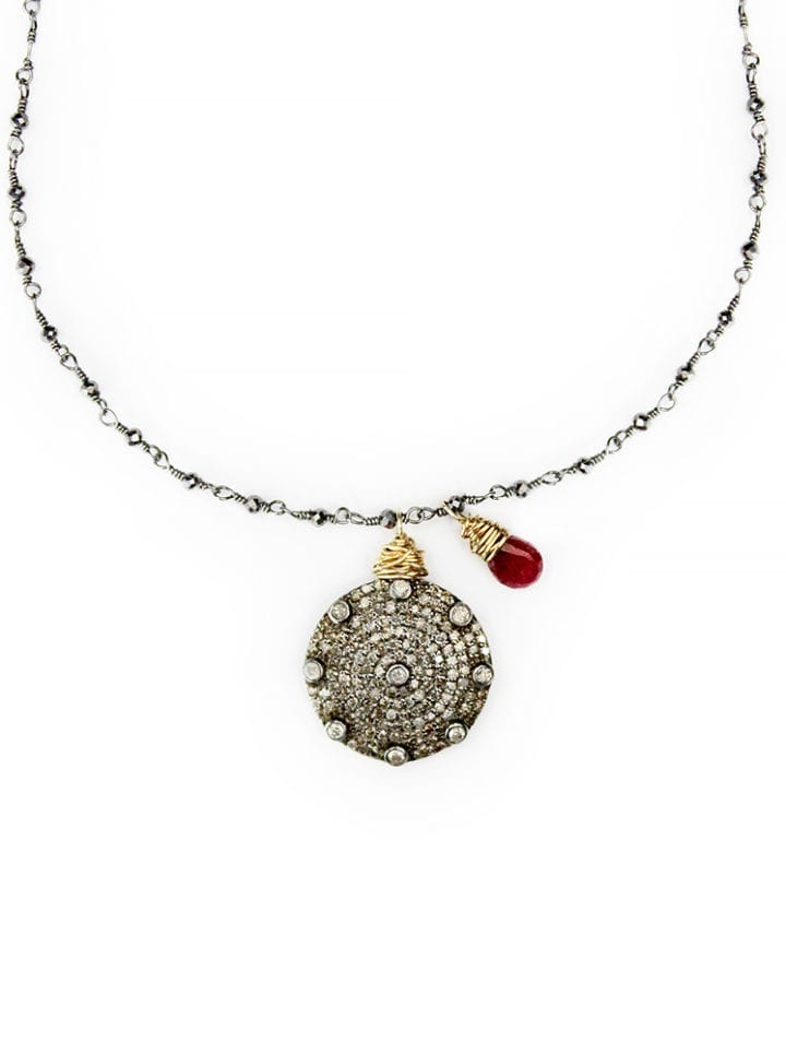 Pave Diamond Coin, Ruby & Rosary Necklace