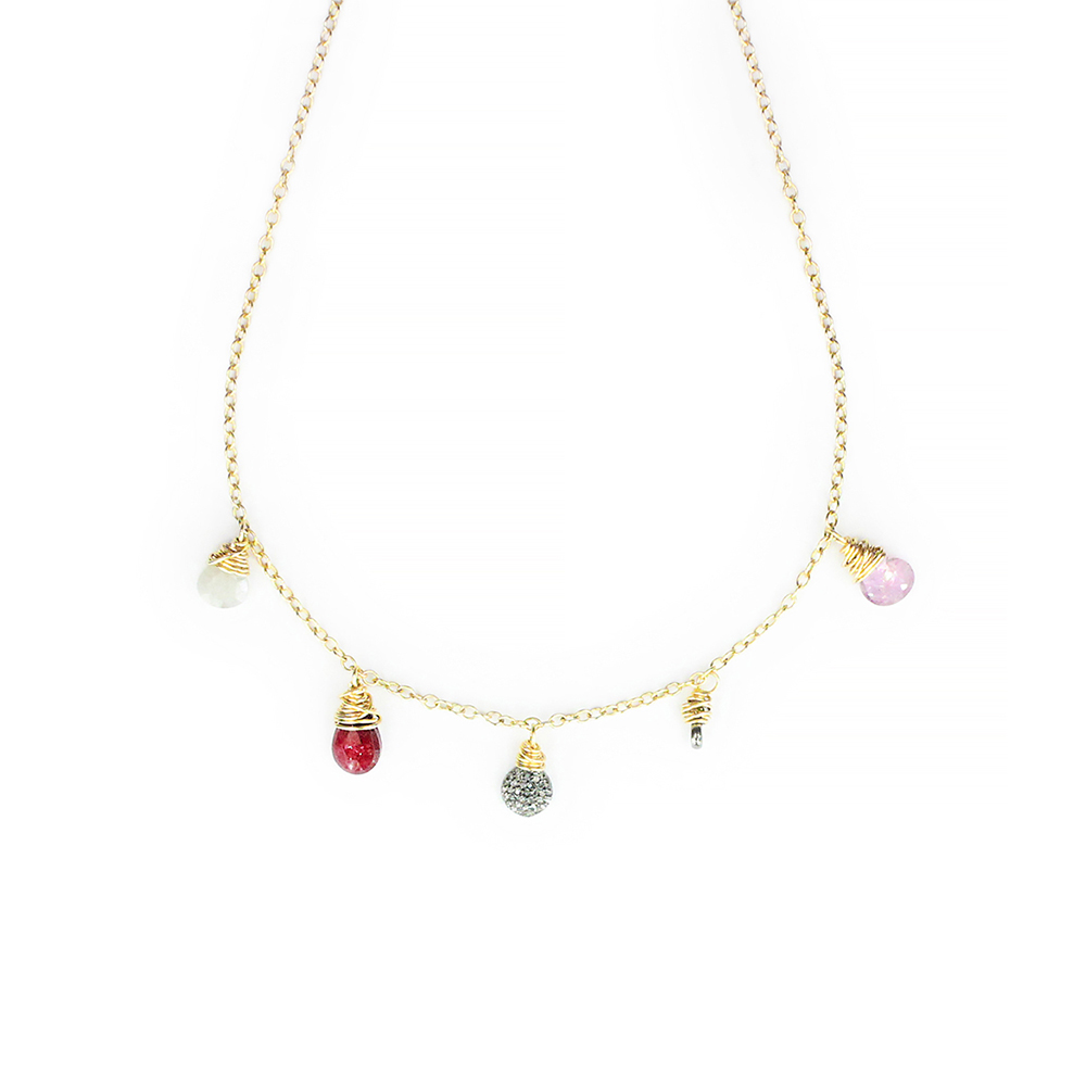Ruby Mixed Stone & Pave Diamond Multi Drop Short Necklace