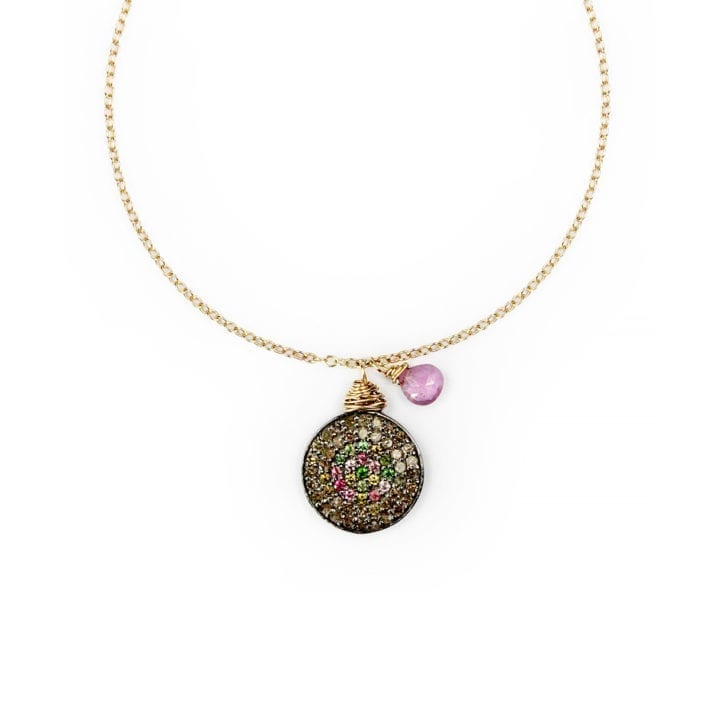 Rainbow Tourmaline & Pave Diamond Coin Necklace