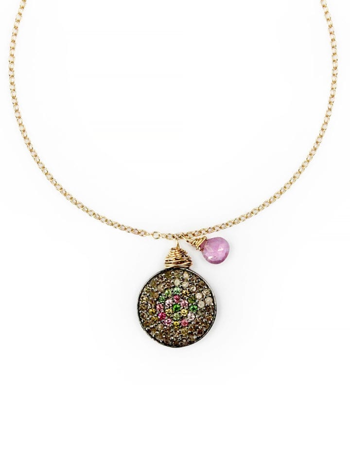Rainbow Tourmaline & Pave Diamond Coin Necklace