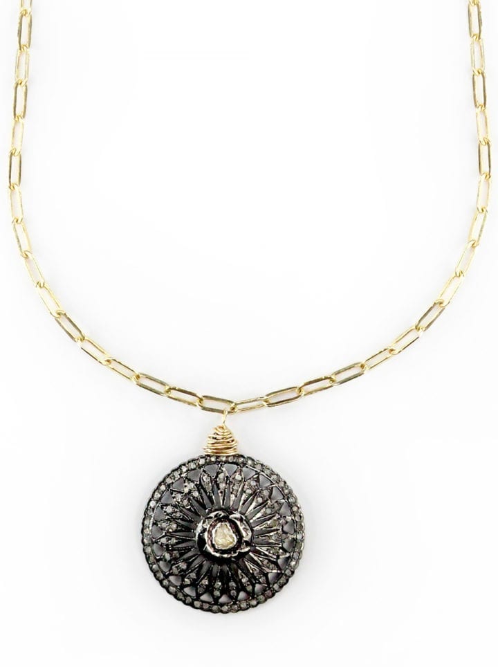 Rose Cut Diamond Coin Gold Paperclip Necklace