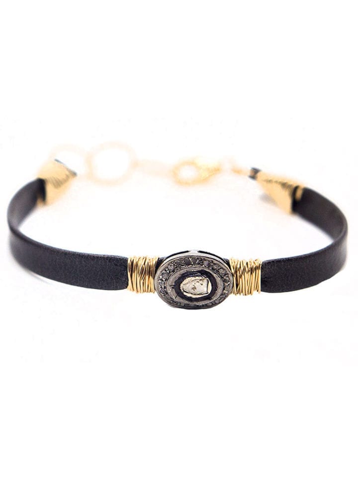 Rose Cut Diamond Oval Wrapped Leather Bracelet