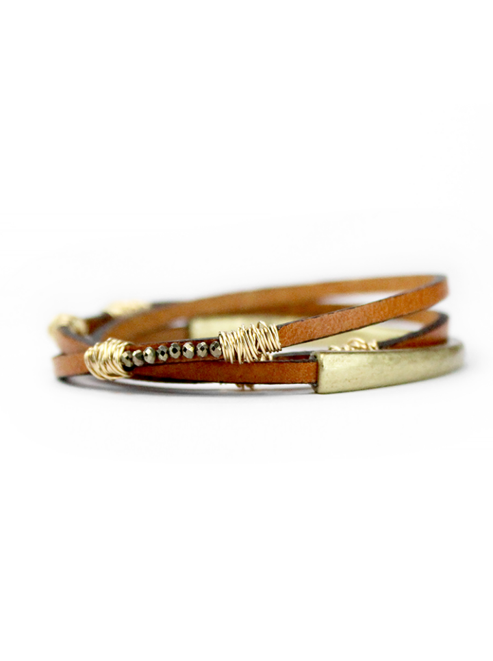 Pyrite Saddle Thin Triple Wrap Leather Bracelet