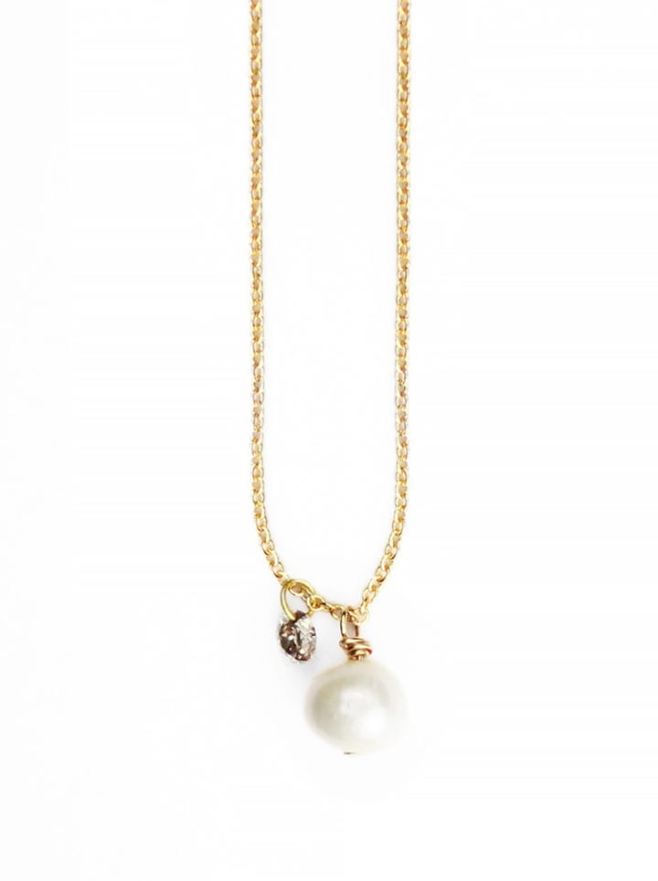 Pearl and raw diamond delicate charm necklace