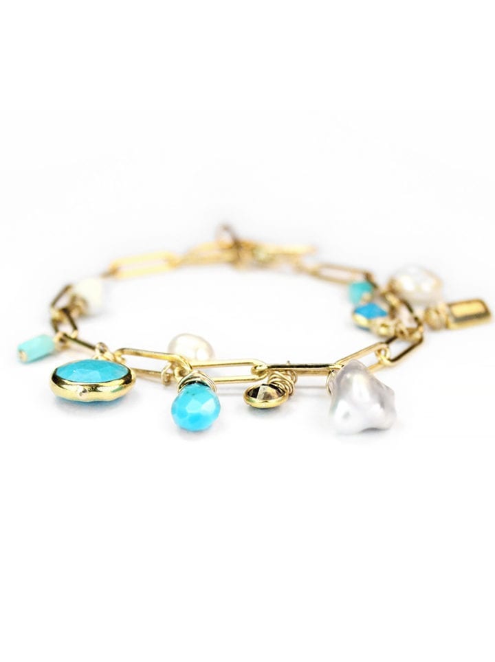 Turquoise Pearl Pyrite Howlite Staple Charm Bracelet