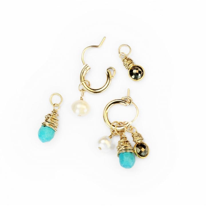 Turquoise pyrite pearl classic charm hoops