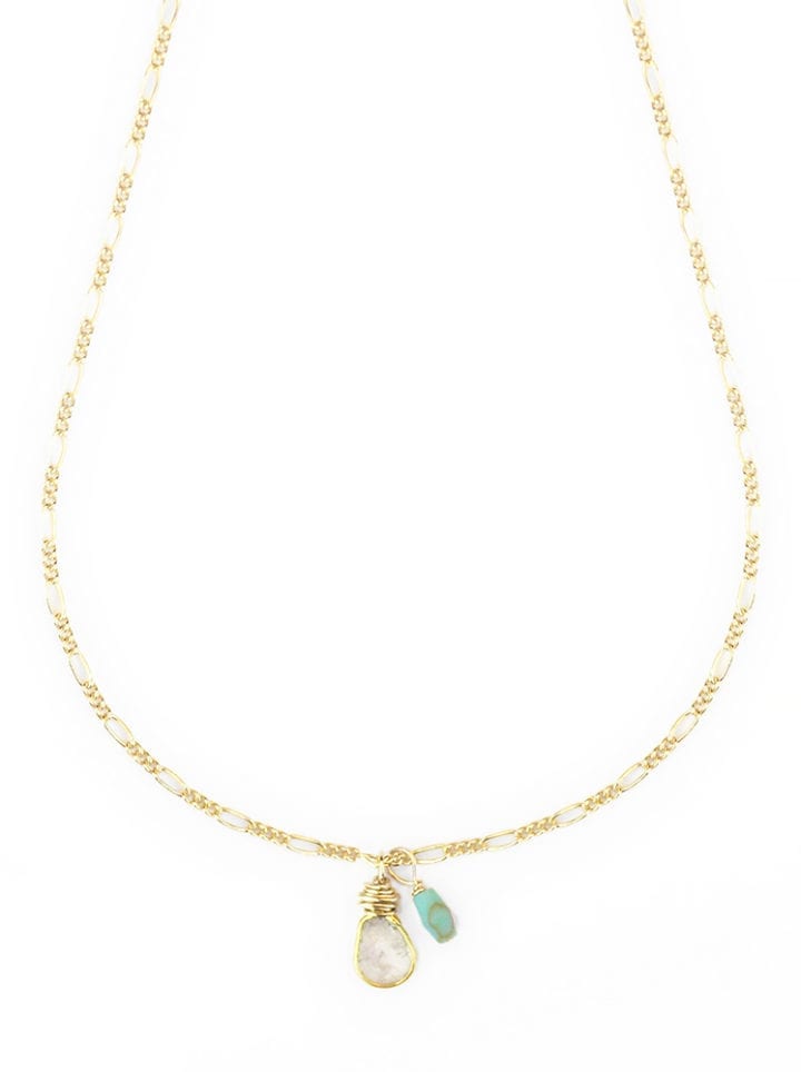 turquoise diamond slice delicate figaro charm necklace