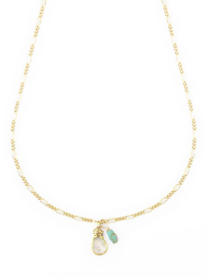 turquoise diamond slice delicate figaro charm necklace