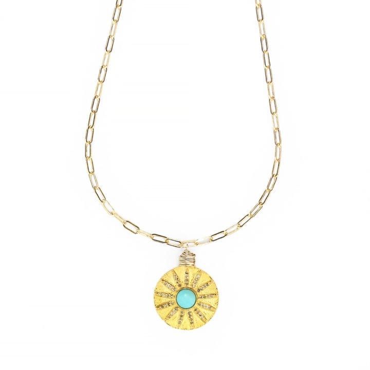 Turquoise Pave Diamond Brushed Coin Staple Necklace