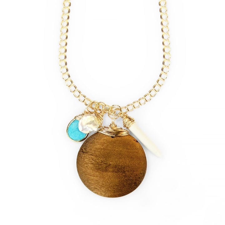 Wood, pearl, turquoise curb charm necklace