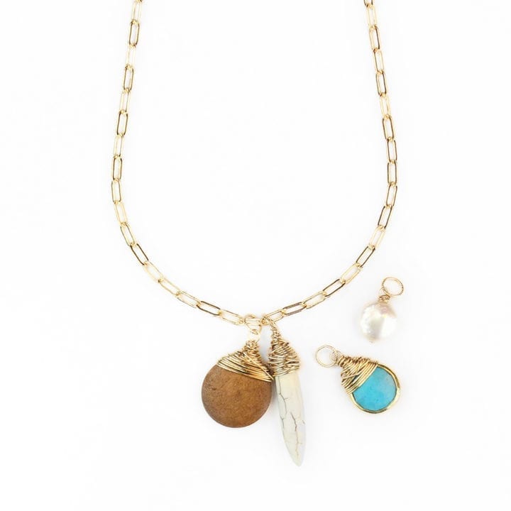 wood turquoise howlite pearl staple charm necklace