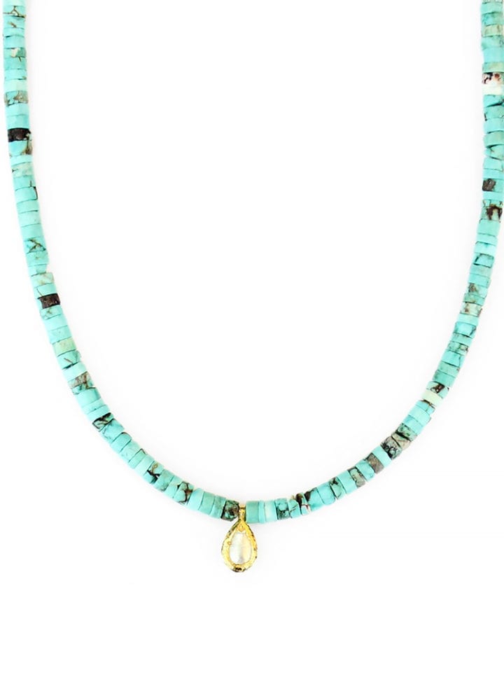 Green Turquoise Pearl Tear Strung Short Necklace