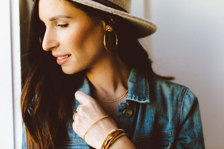 Model in blue turquoise handcrafted jewelry made in usa