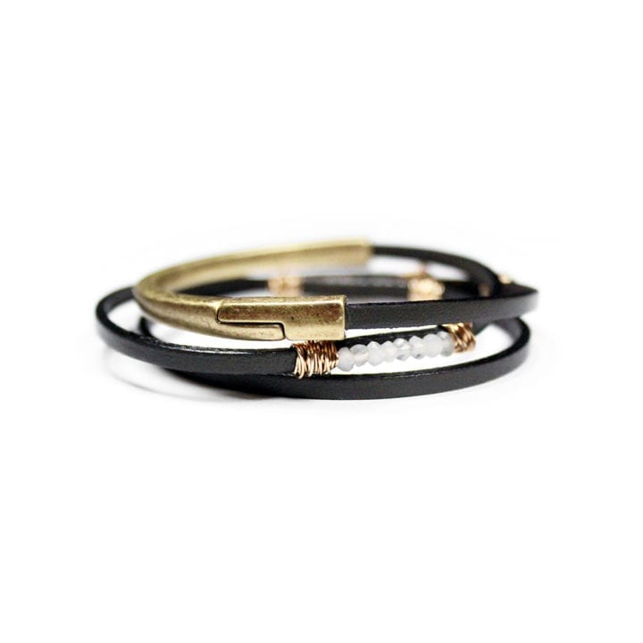 Graphite Moonstone Thin Triple Wrap Leather Bracelet