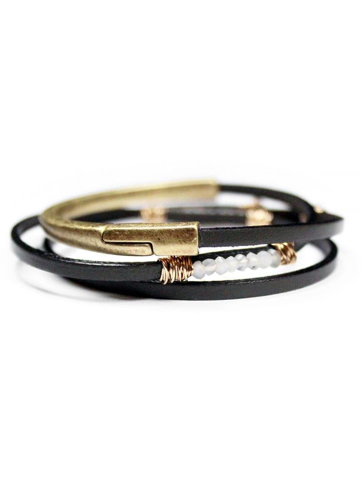 Graphite Moonstone Thin Triple Wrap Leather Bracelet