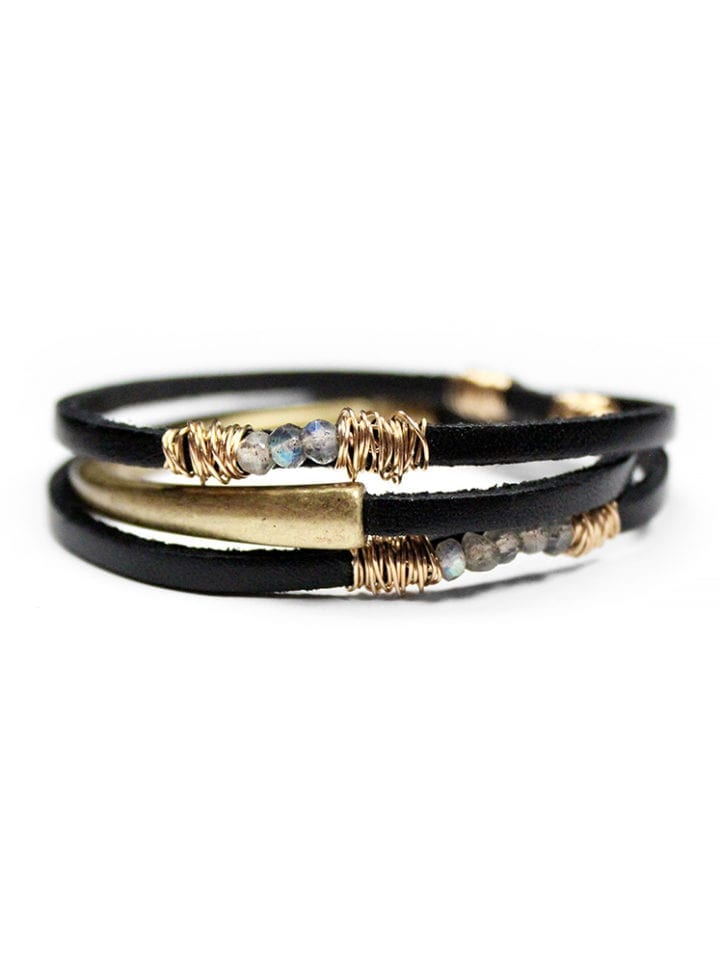 Jet Labradorite Thin Triple Wrap Leather Bracelet