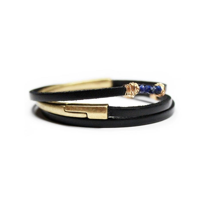 Jet Lapis Thin Triple Wrap Leather Bracelet