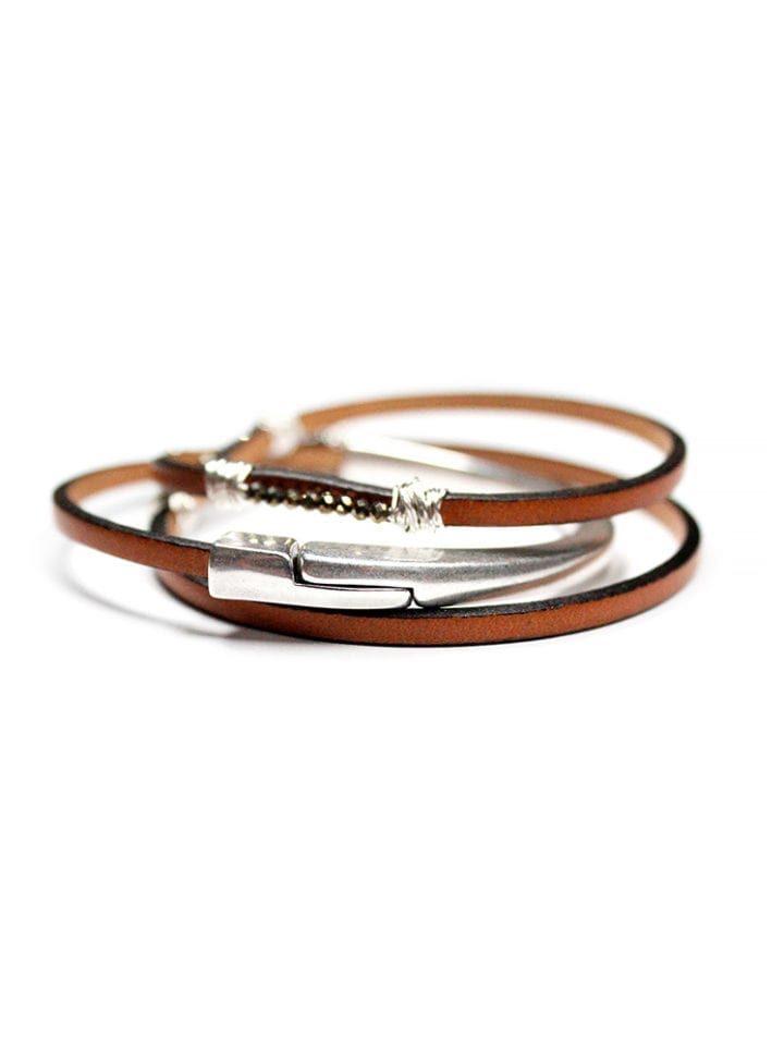 Saddle Pyrite Silver Thin Triple Wrap Leather Bracelet