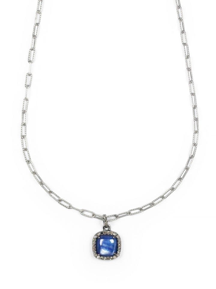 Kyanite Pave Diamond Cushion Cut Paperclip Necklace