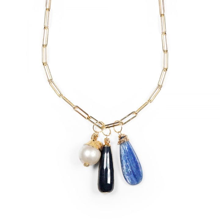 Kyanite Blue Jade Pearl Paperclip Charm Midi Necklace