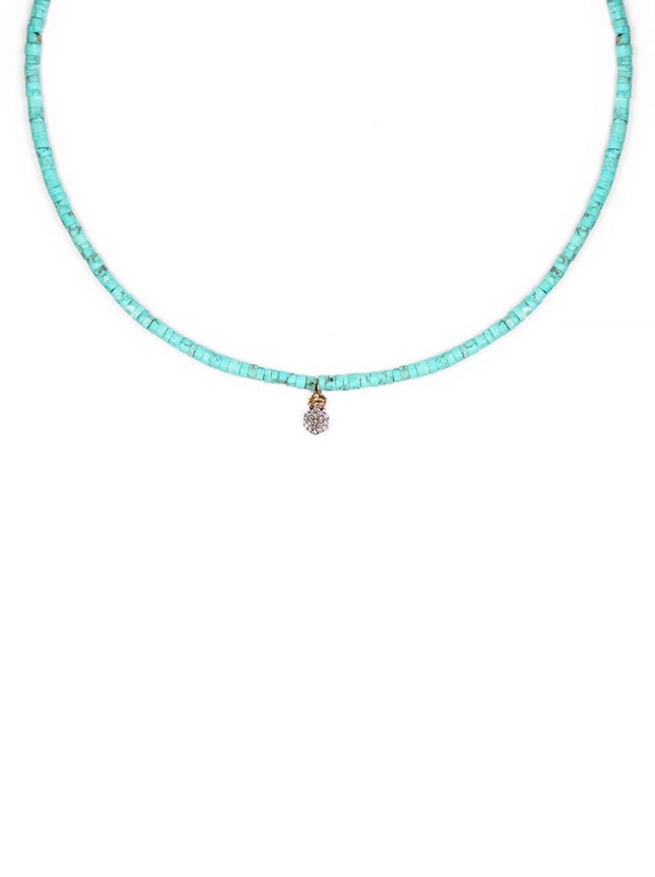 Green Turquoise Pave Hexagon Strung Short Necklace